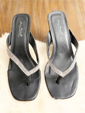 Anne Michelle Black Rhinestone Thong Heeled Sandals Y2K Going Out Size 10
